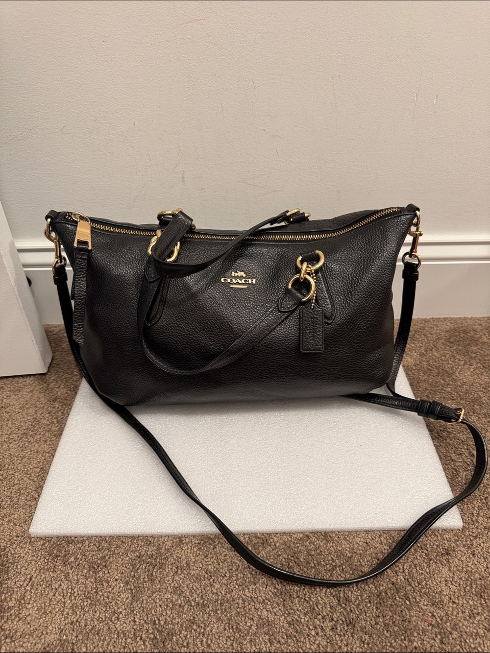 Coach Ally Satchel in black refined pebble leather with gold-tone hardware